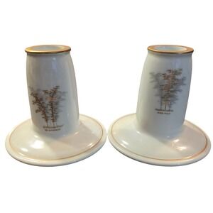 Fukagawa Arita Porcelain Candlesticks Set 2 Hand Painted Bamboo Gold Rim Japan